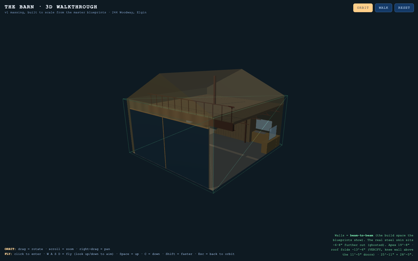 3D model of the barn — loft, beam, stairs, kitchen, doors