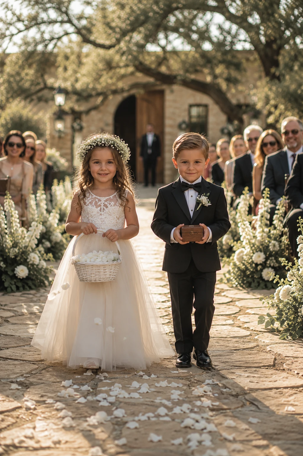 Ceremony processional down a petal-lined aisle