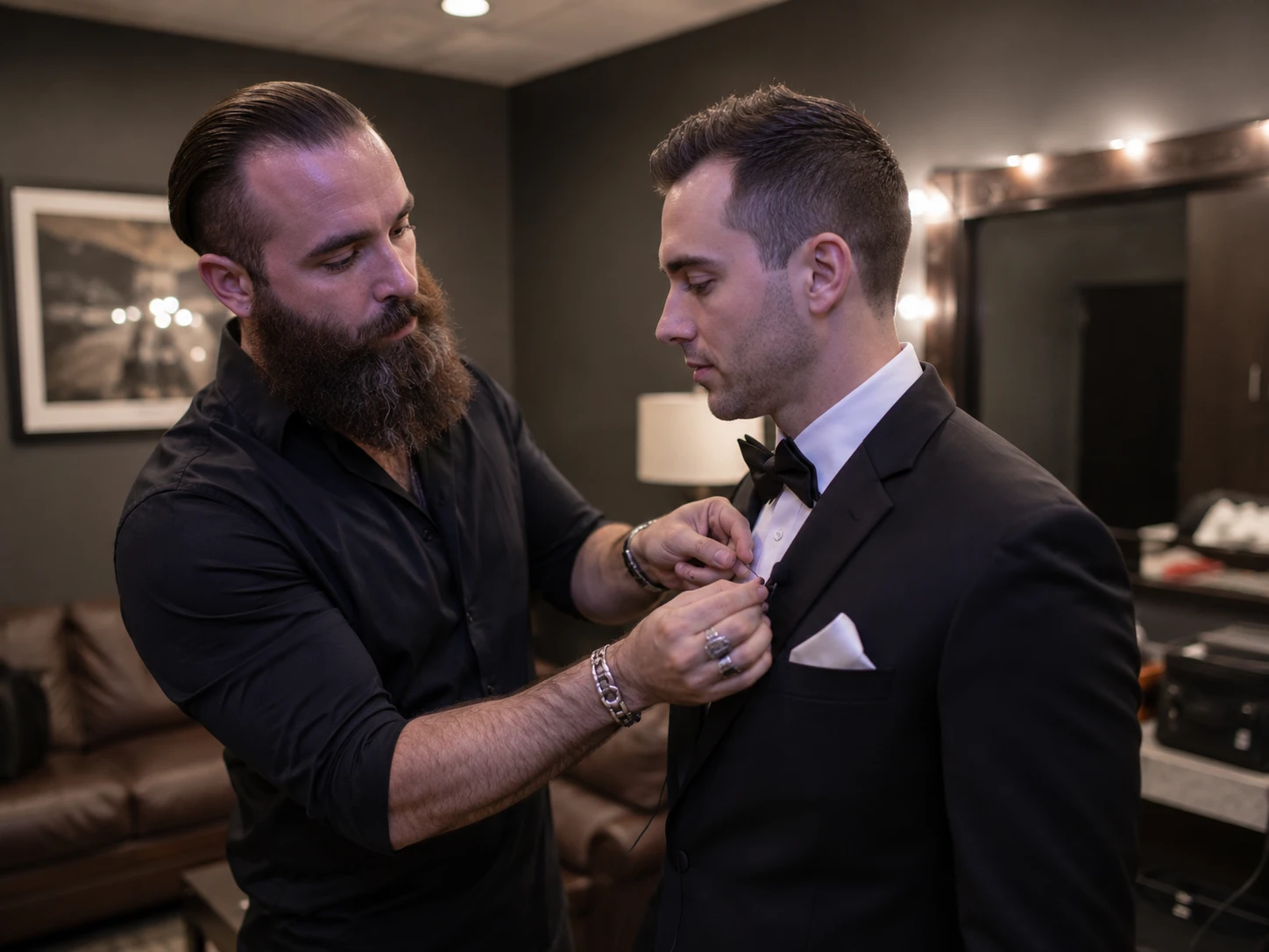 Crew clipping a lavalier microphone to the groom before the ceremony