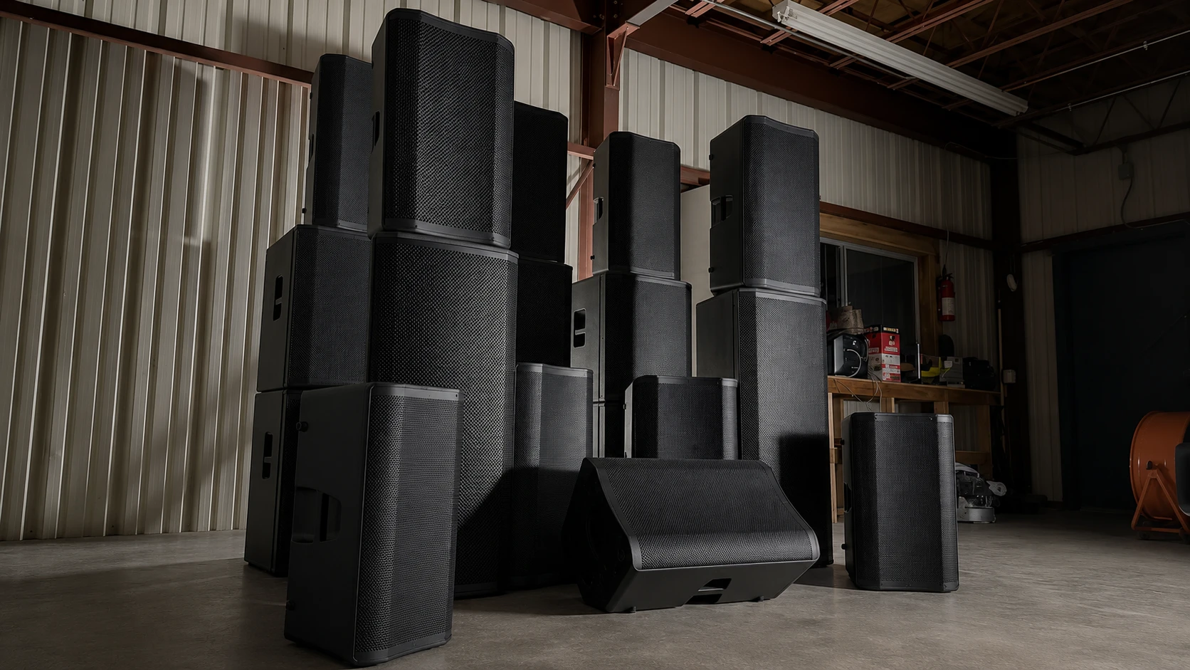The Cooler Productions PA fleet: stacked powered speakers, subwoofers, and stage monitors in the warehouse