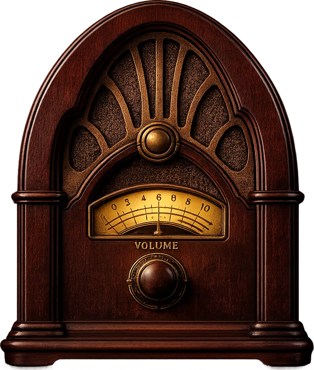 The Oven radio: an antique cathedral-style wood set with a printed 0-10 VOLUME meter and one brass knob