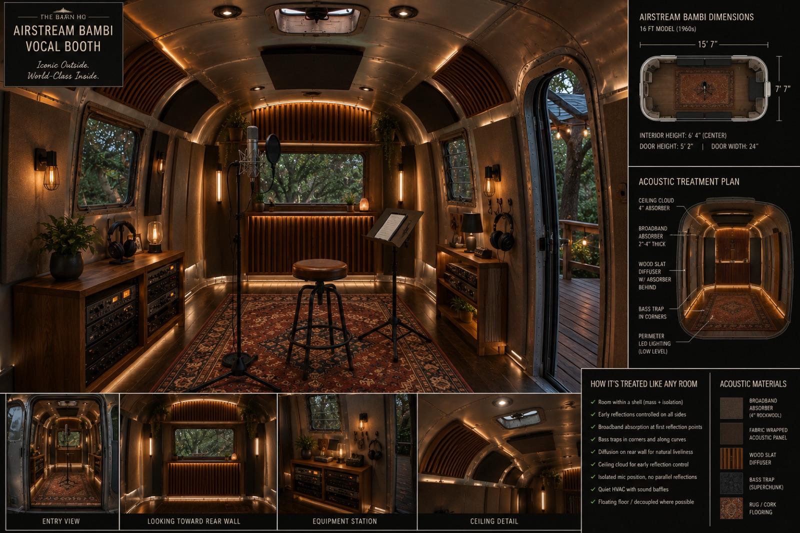 Airstream Bambi vocal booth concept board with acoustic treatment plan