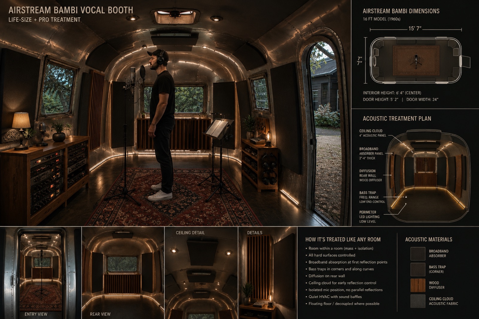 Airstream Bambi vocal booth, life-size pro acoustic treatment