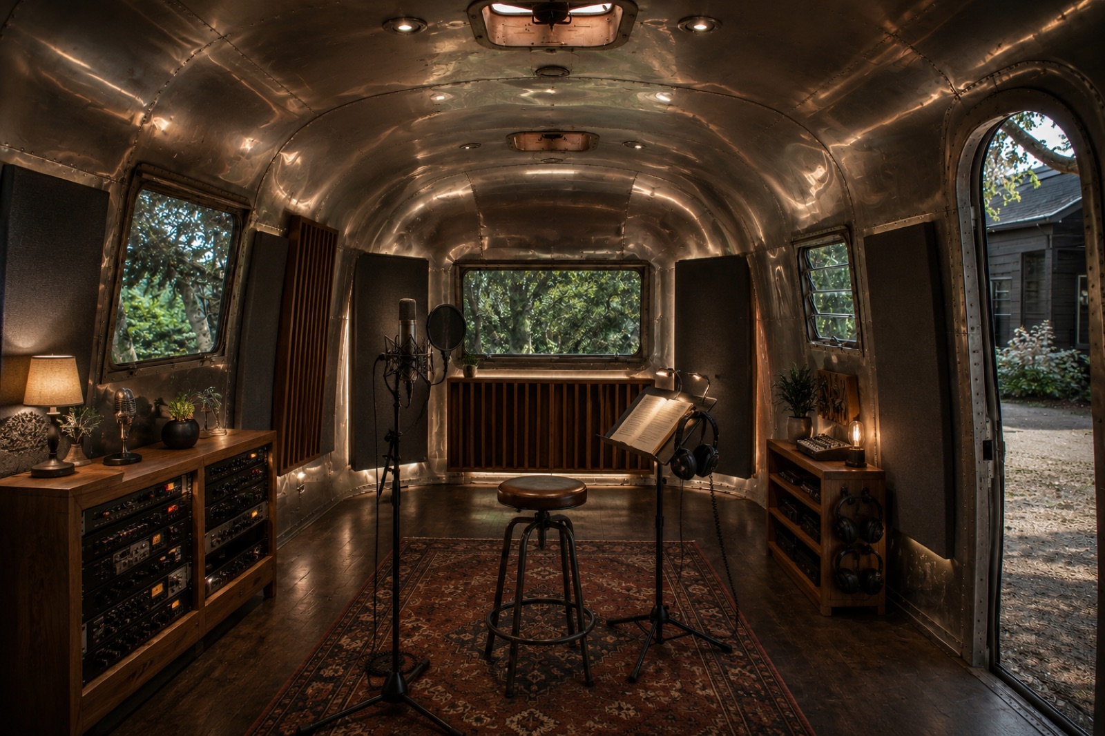 Finished Airstream vocal booth interior with mic, stool and acoustic panels