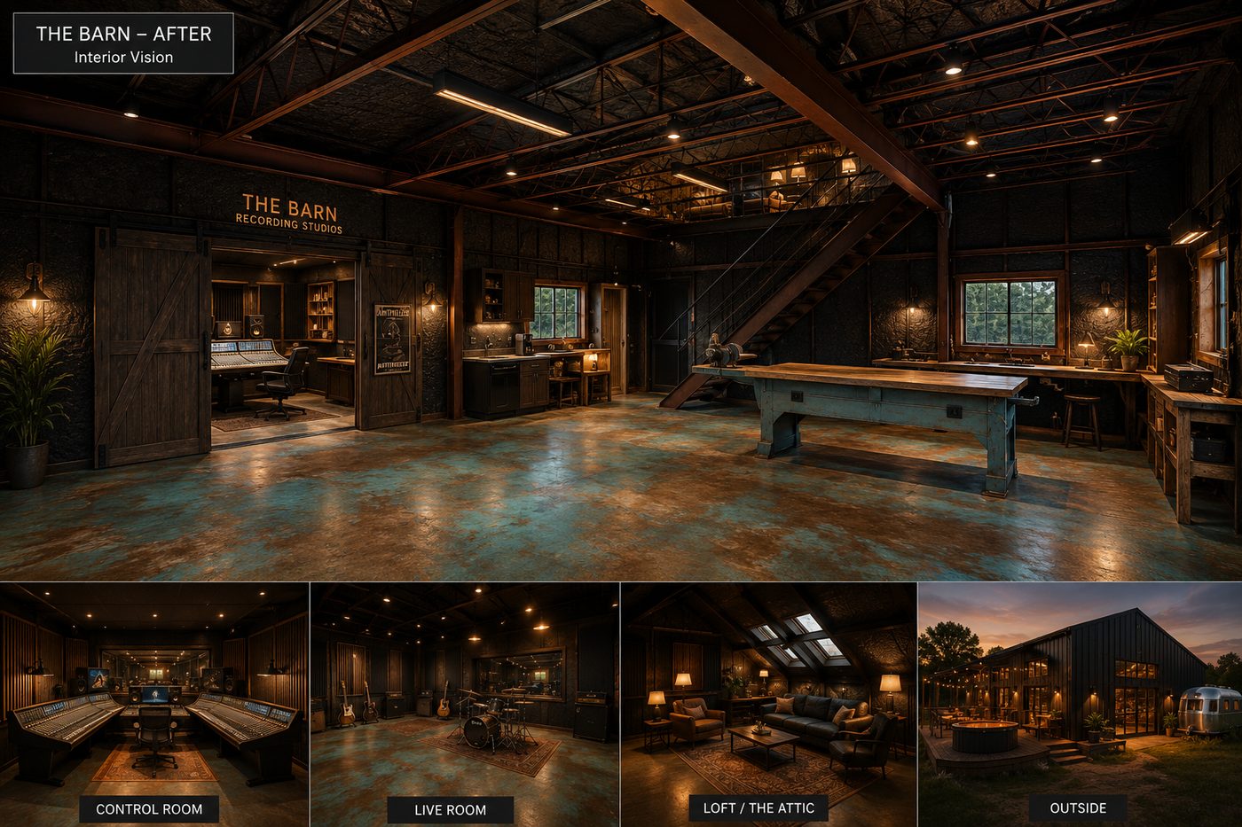 The Barn interior vision board — control room, live room, the Attic, exterior