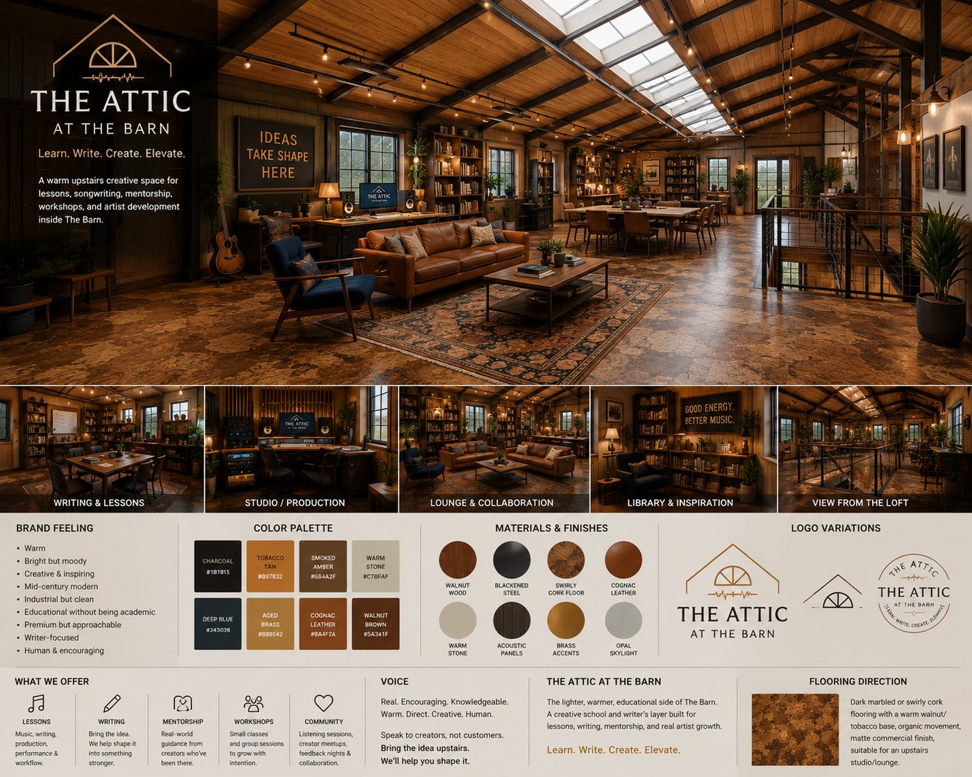 The Attic at the Barn brand board — palette, materials, logo, offerings