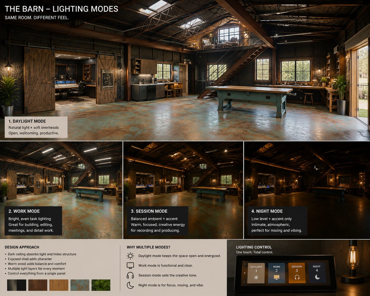 The Barn lighting modes board — daylight, work, session, night