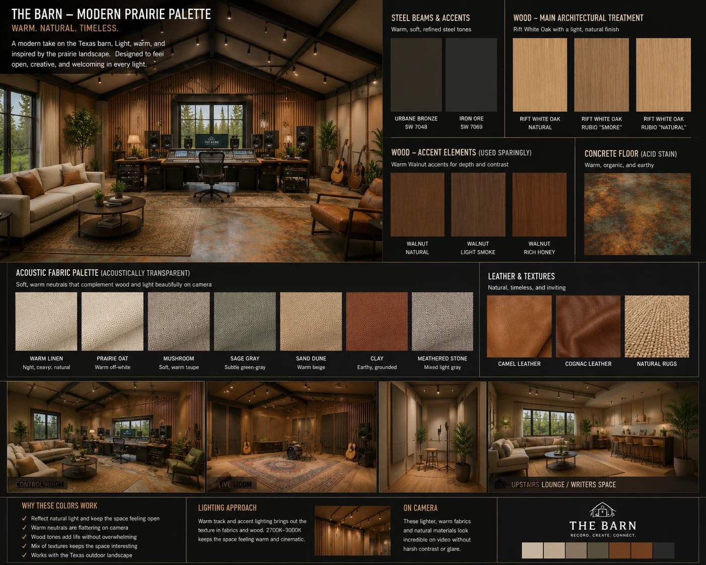 The Barn Modern Prairie palette board — warm woods, refined steel, acoustic fabrics, leather and stone