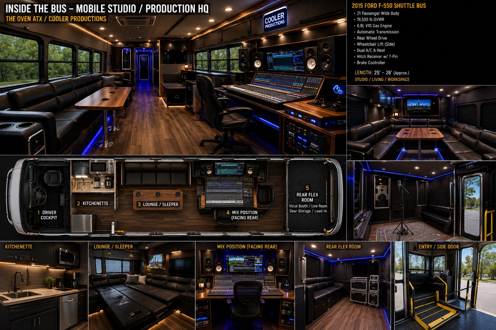 Inside the bus, mobile studio and production HQ