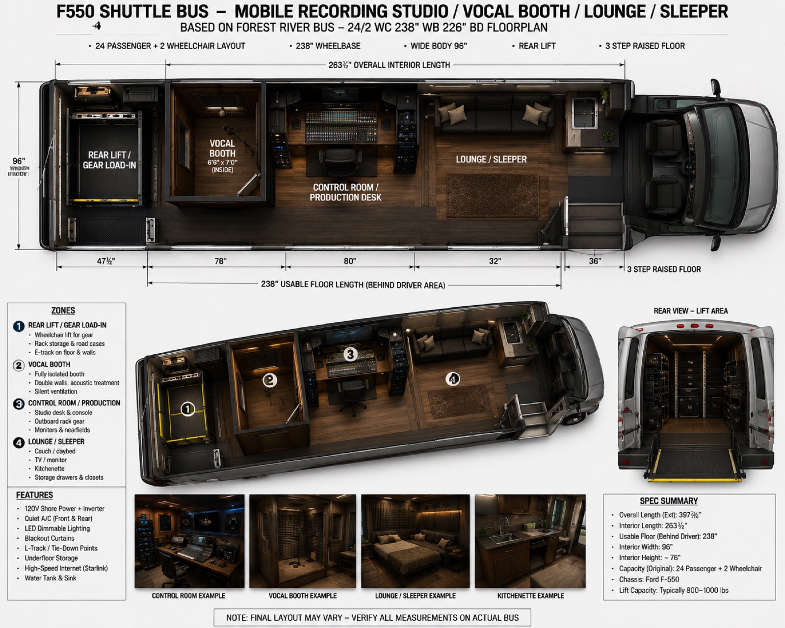 Shuttle bus floor plan with vocal booth, control room, lounge and sleeper
